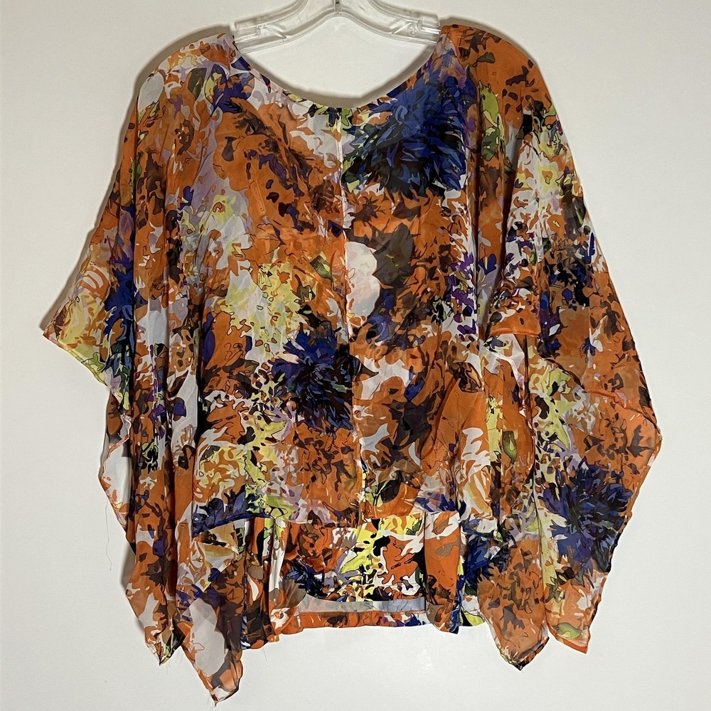 Beige by eci Blouse Womens Medium Orange Multi Floral Sheer Poncho Top 2 Piece M - Picture 13 of 16